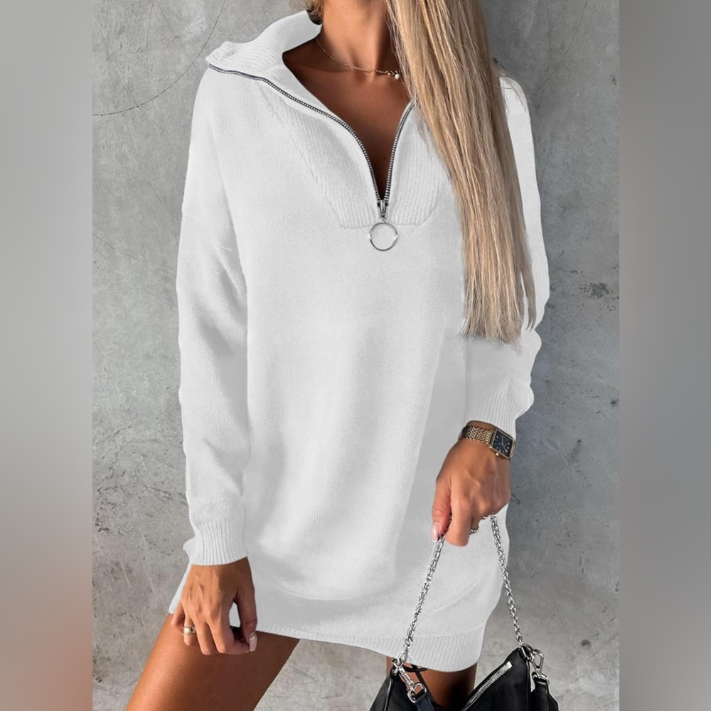 NWT • Long-Sleeve Zip-Up Sweater Mini Dress in Bright White • Women’s Size Large